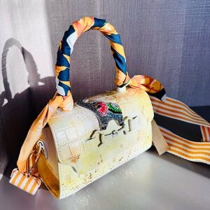 Chic Painted Crossbody Bag with Scarf Detail